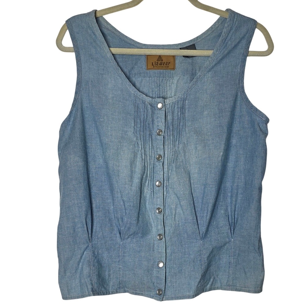 Lizwear VTG Chambray Sleeveless Top Large Cotton Pintuck Snap Front Pearl Snap